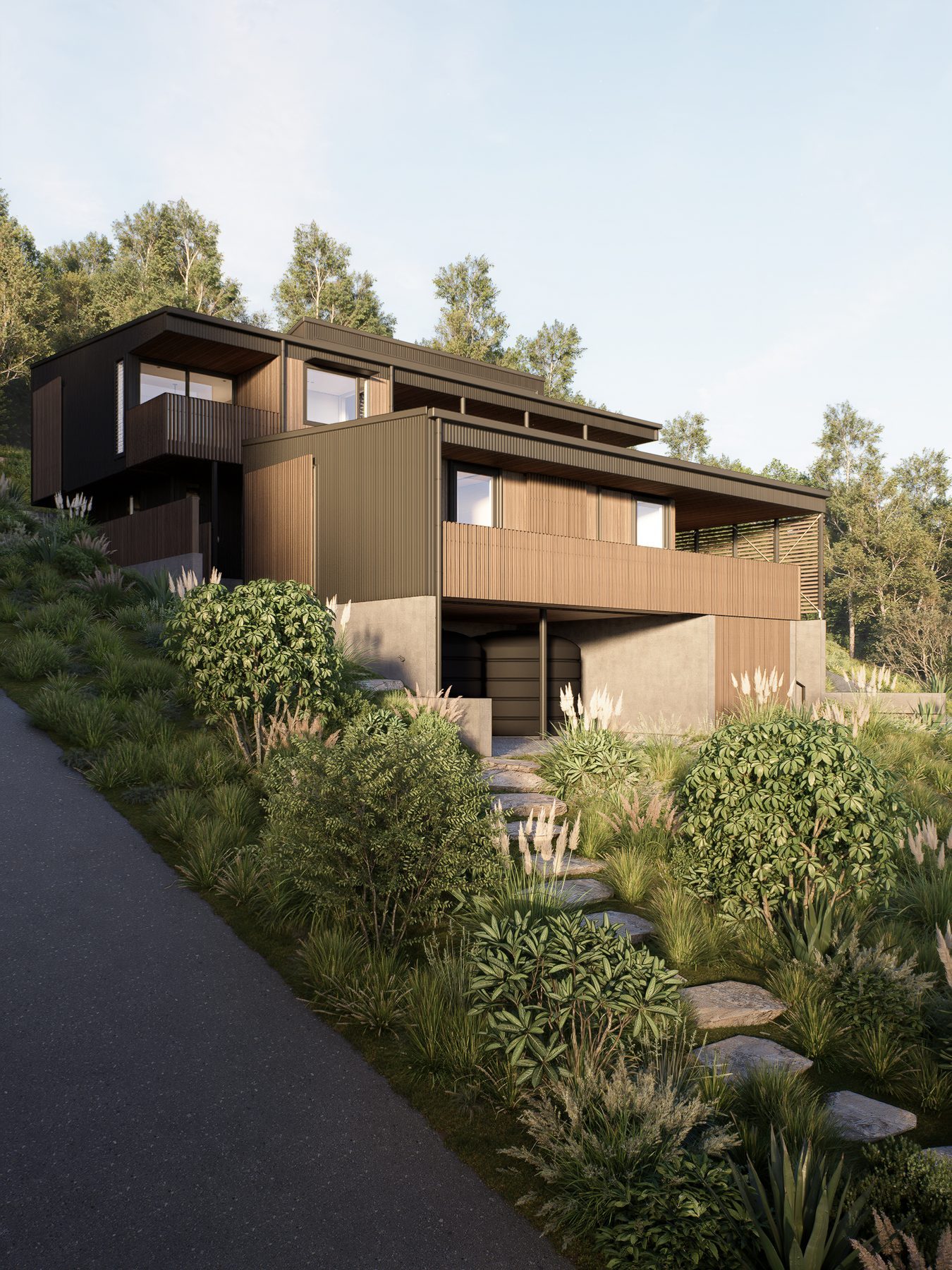 Exterior render: the home stepping down its bush site.
