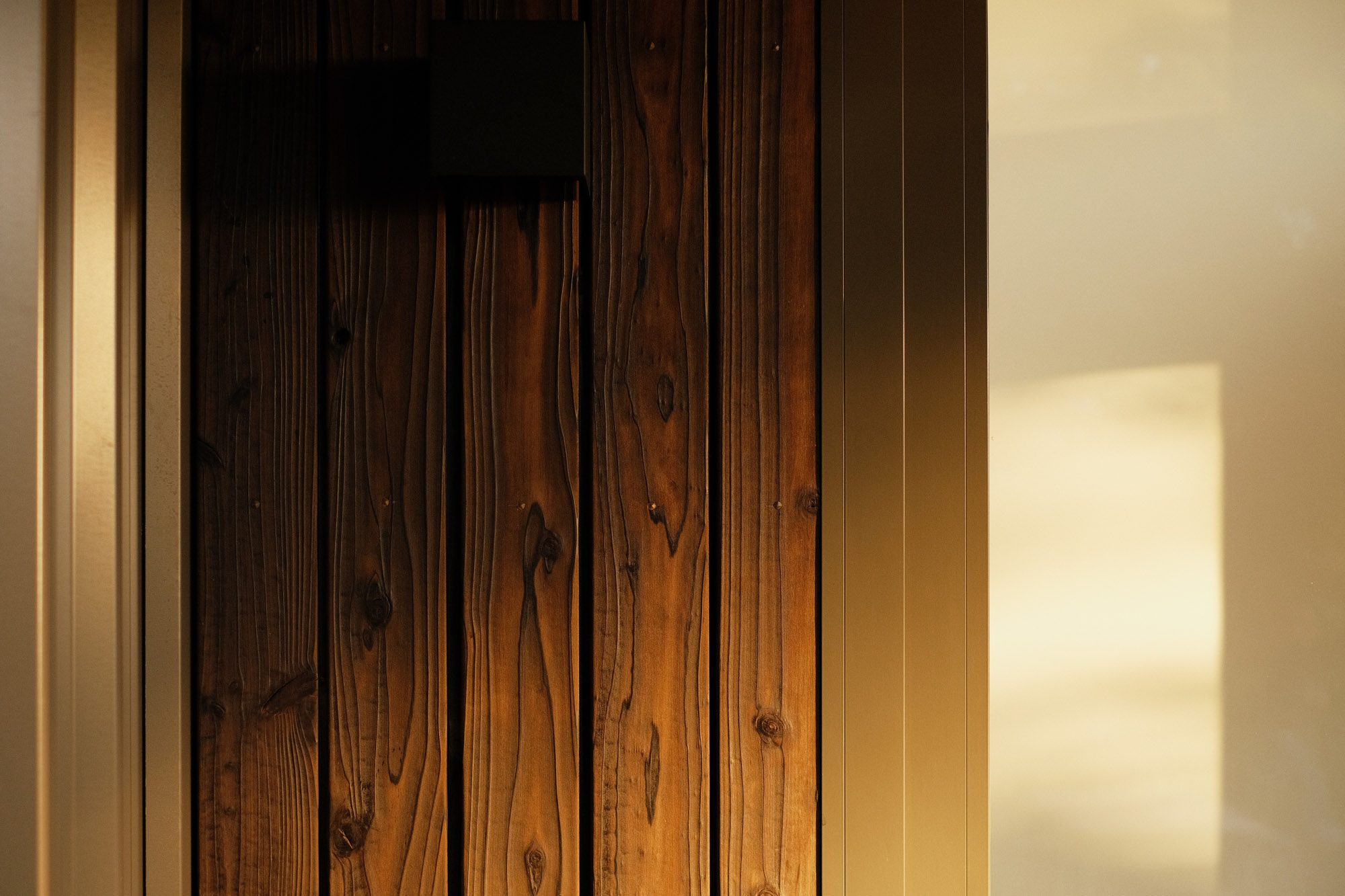 Detail: shou-sugi-ban cladding at sunrise