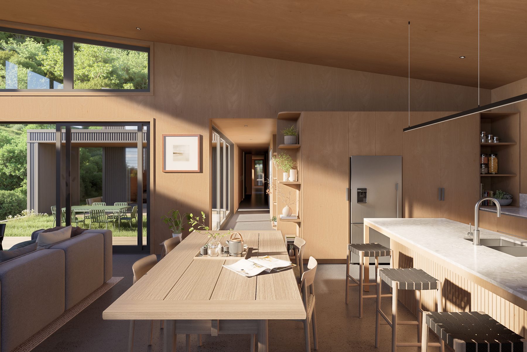 Interior render: open living and dining.