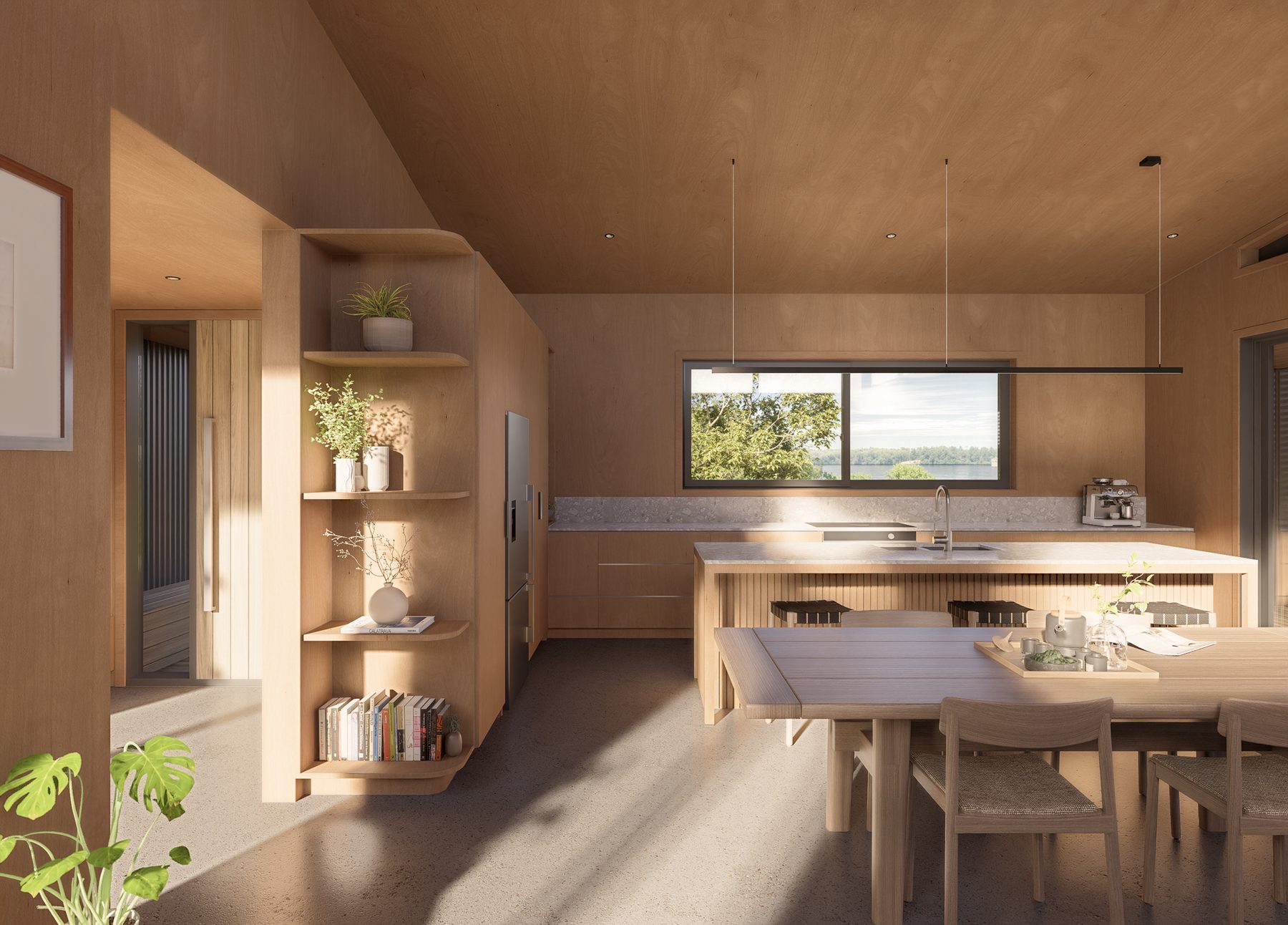 Interior render: kitchen and dining to the view.