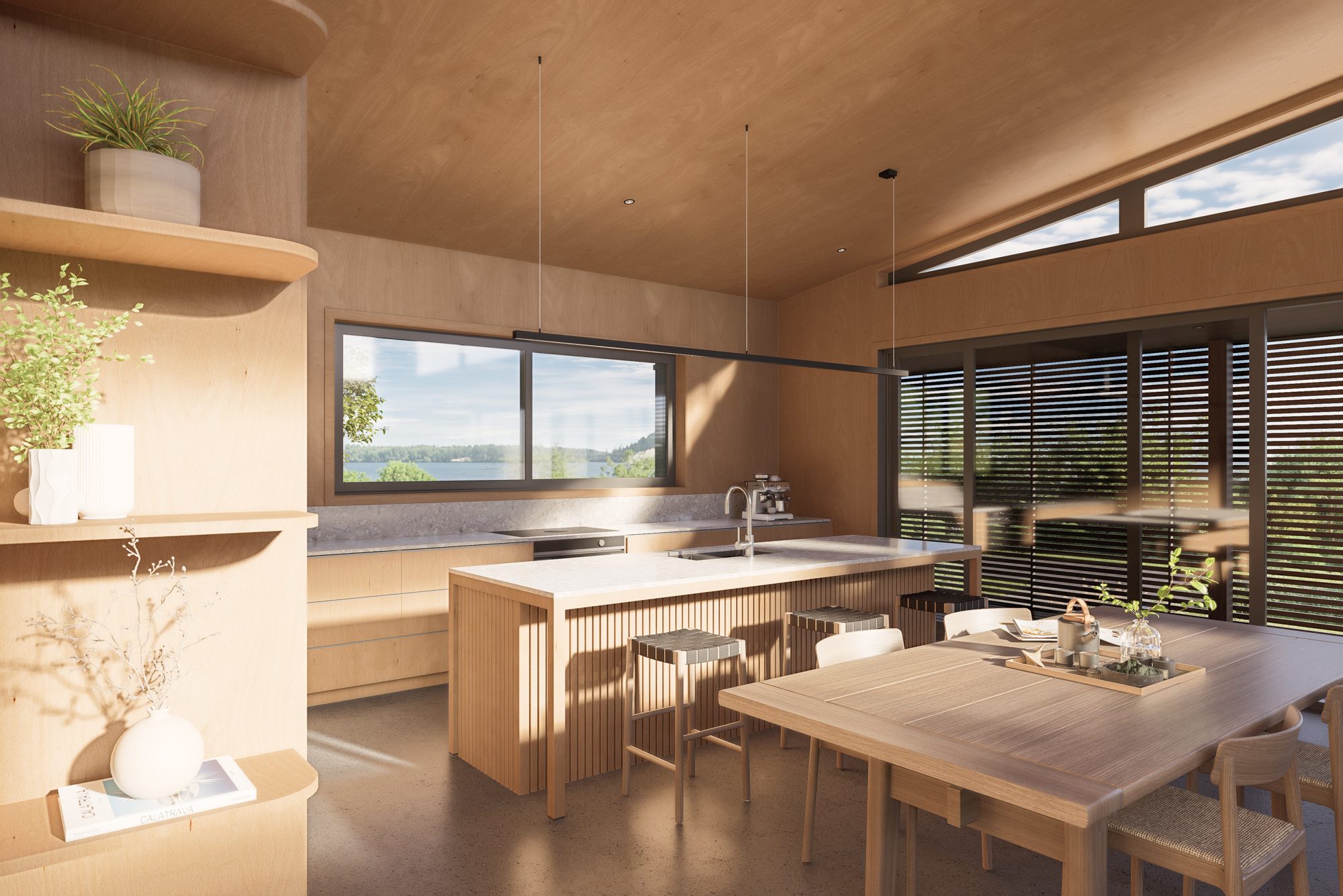 Interior render: a perspective of the kitchen from the hallway.