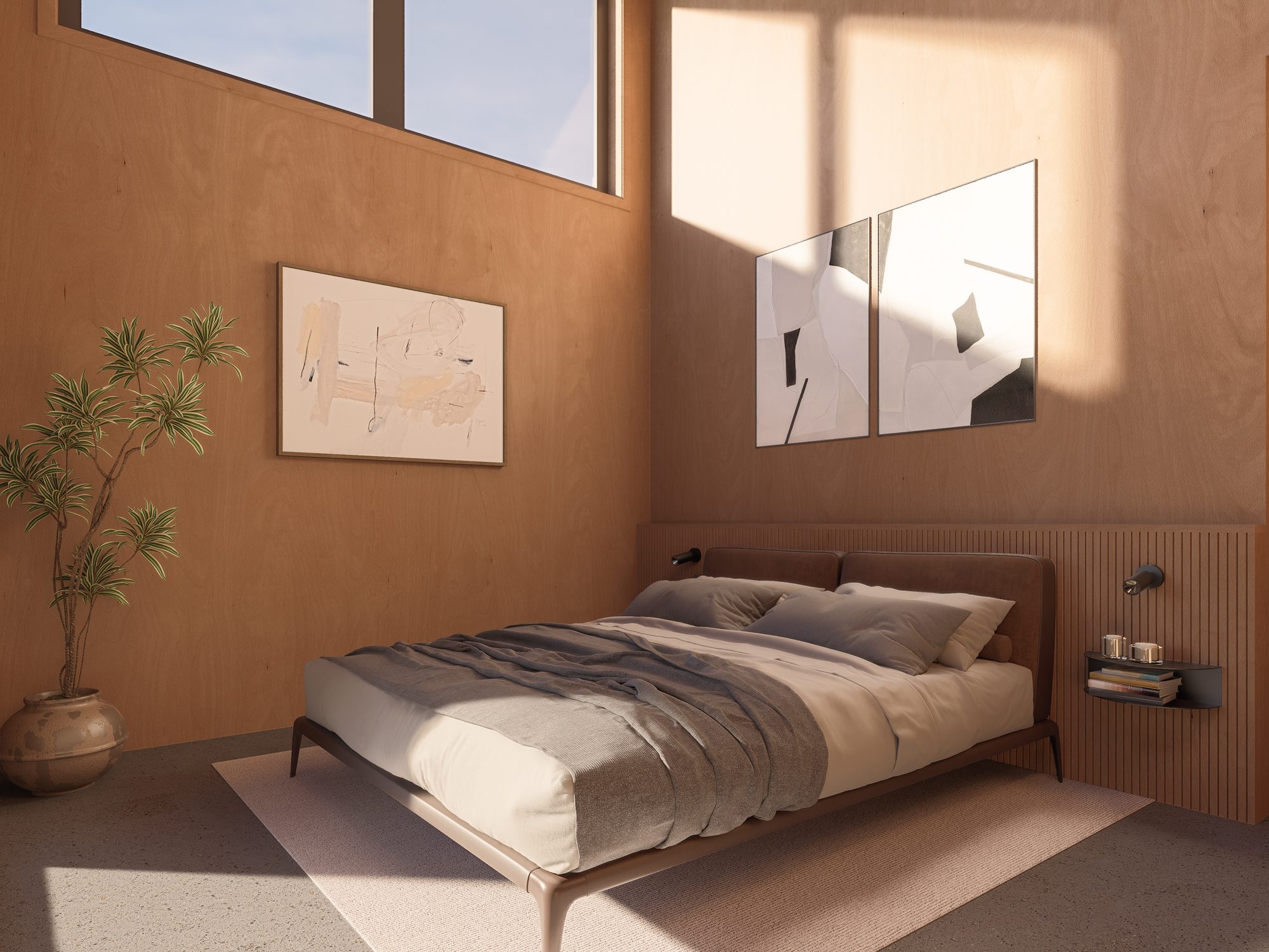 Interior render: master bedroom with morning sunlight