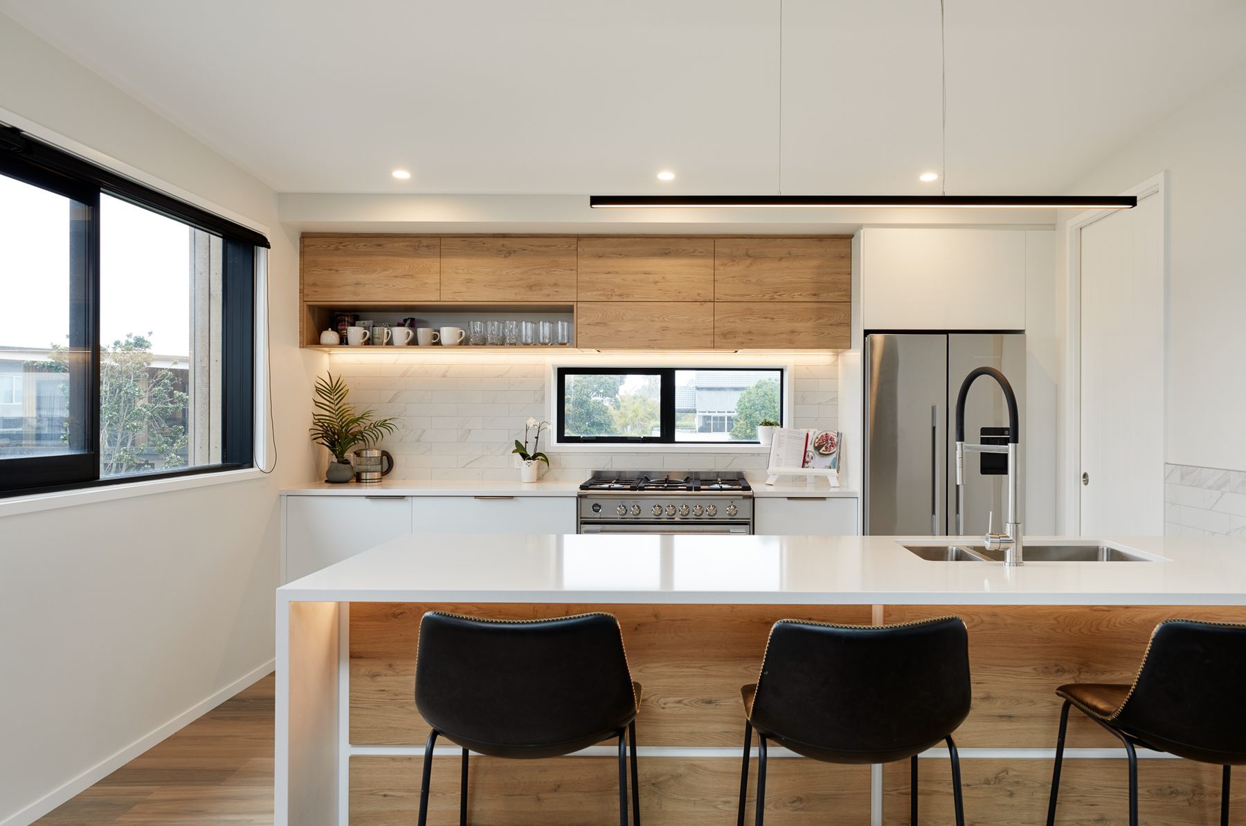 The kitchen under the skylight.