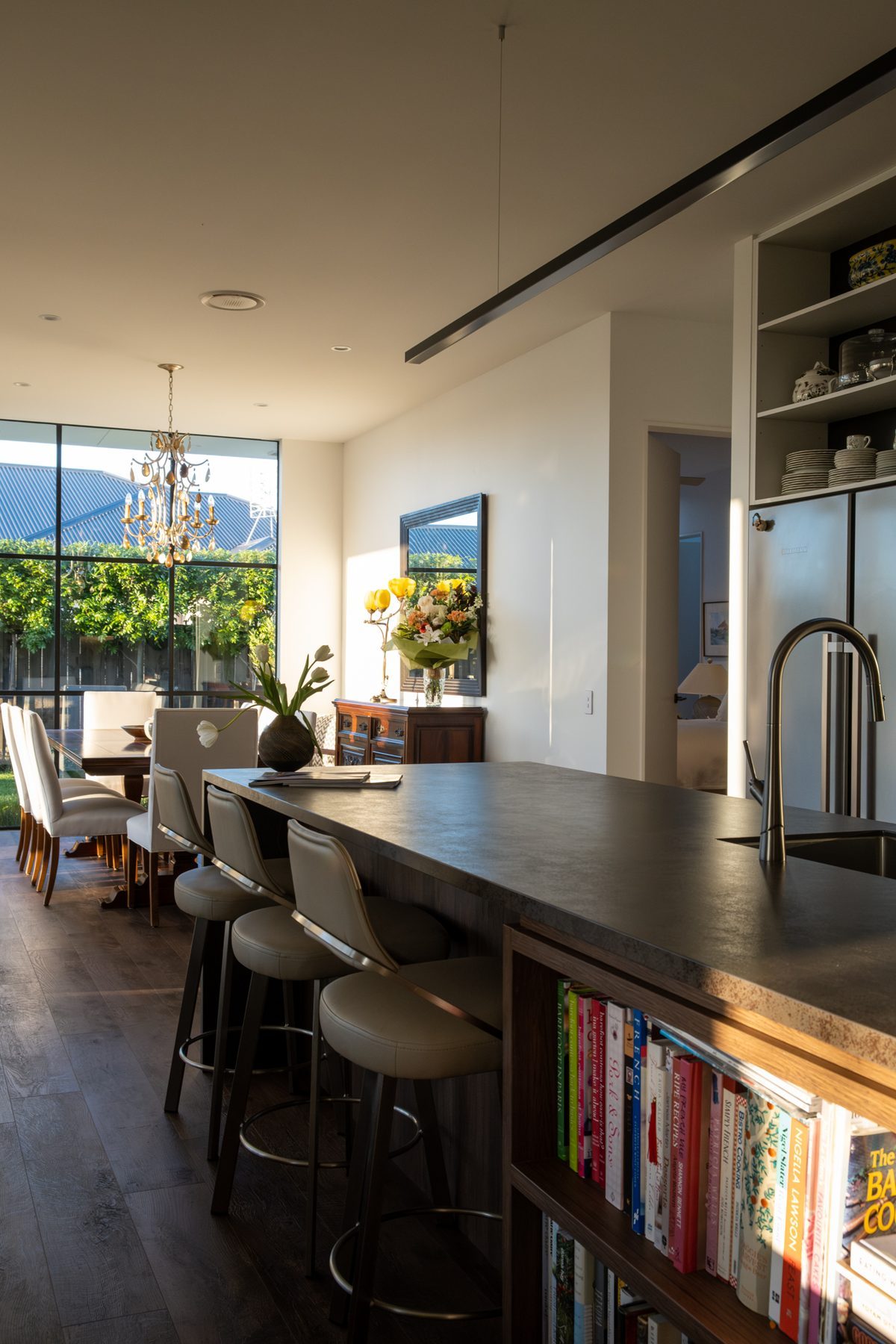 Kitchen and dining along the north–south axis.
