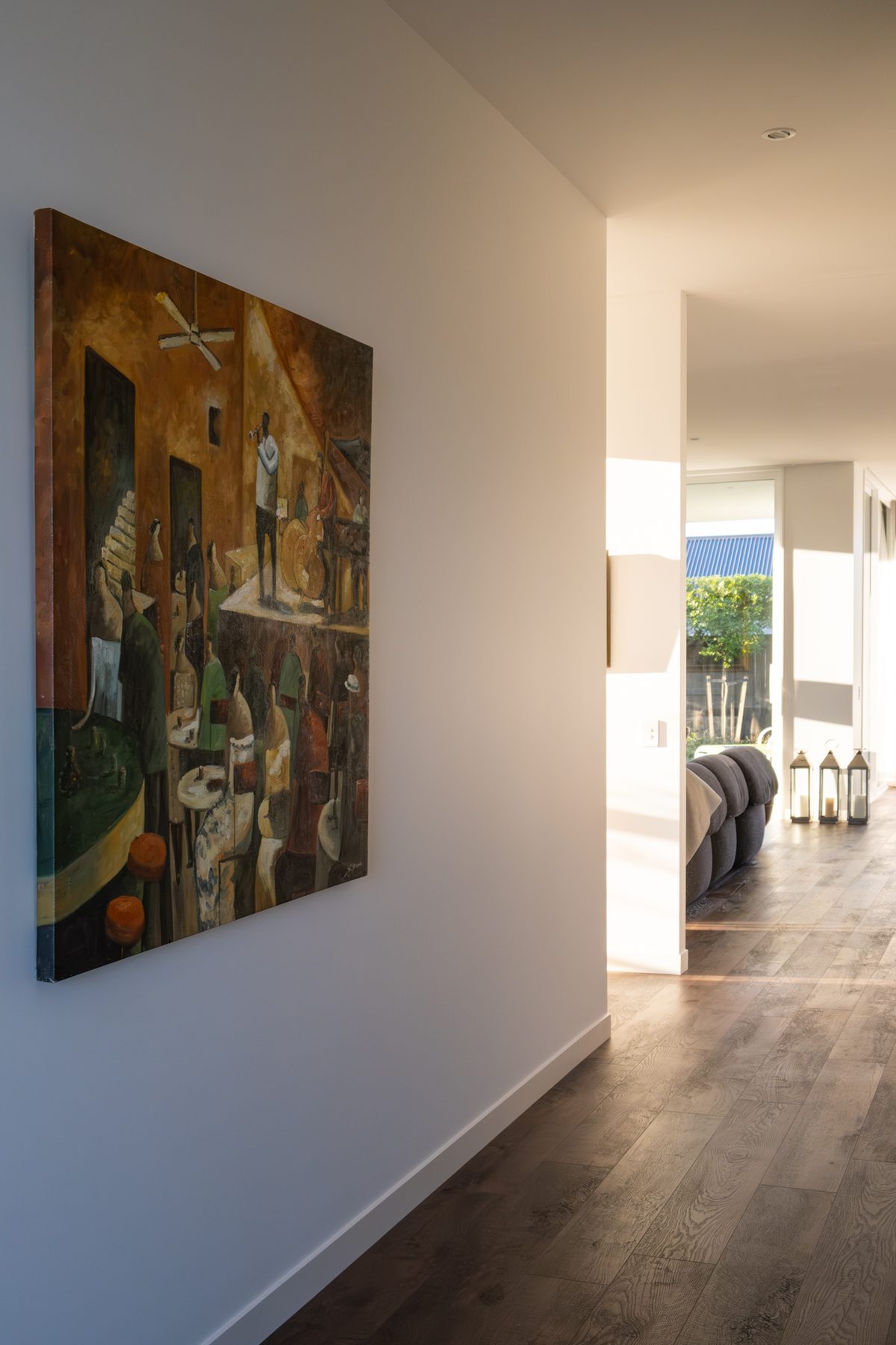 Gallery-like hall with curated art.
