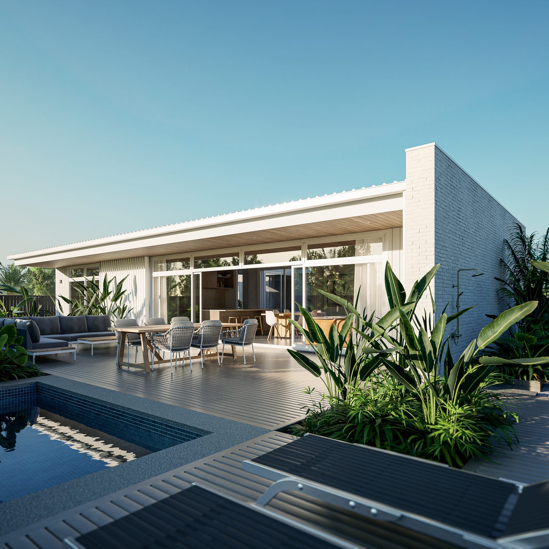 Exterior render: white coastal forms around the pool.