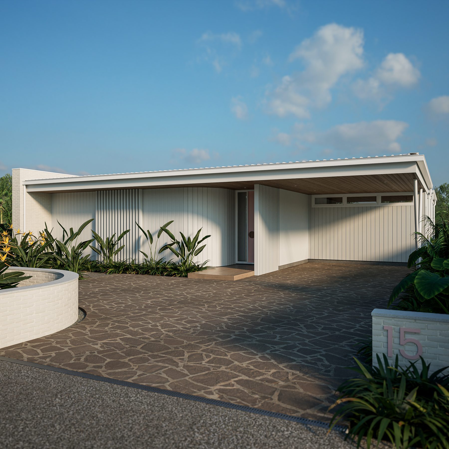 The curved entry wall and landscaping.
