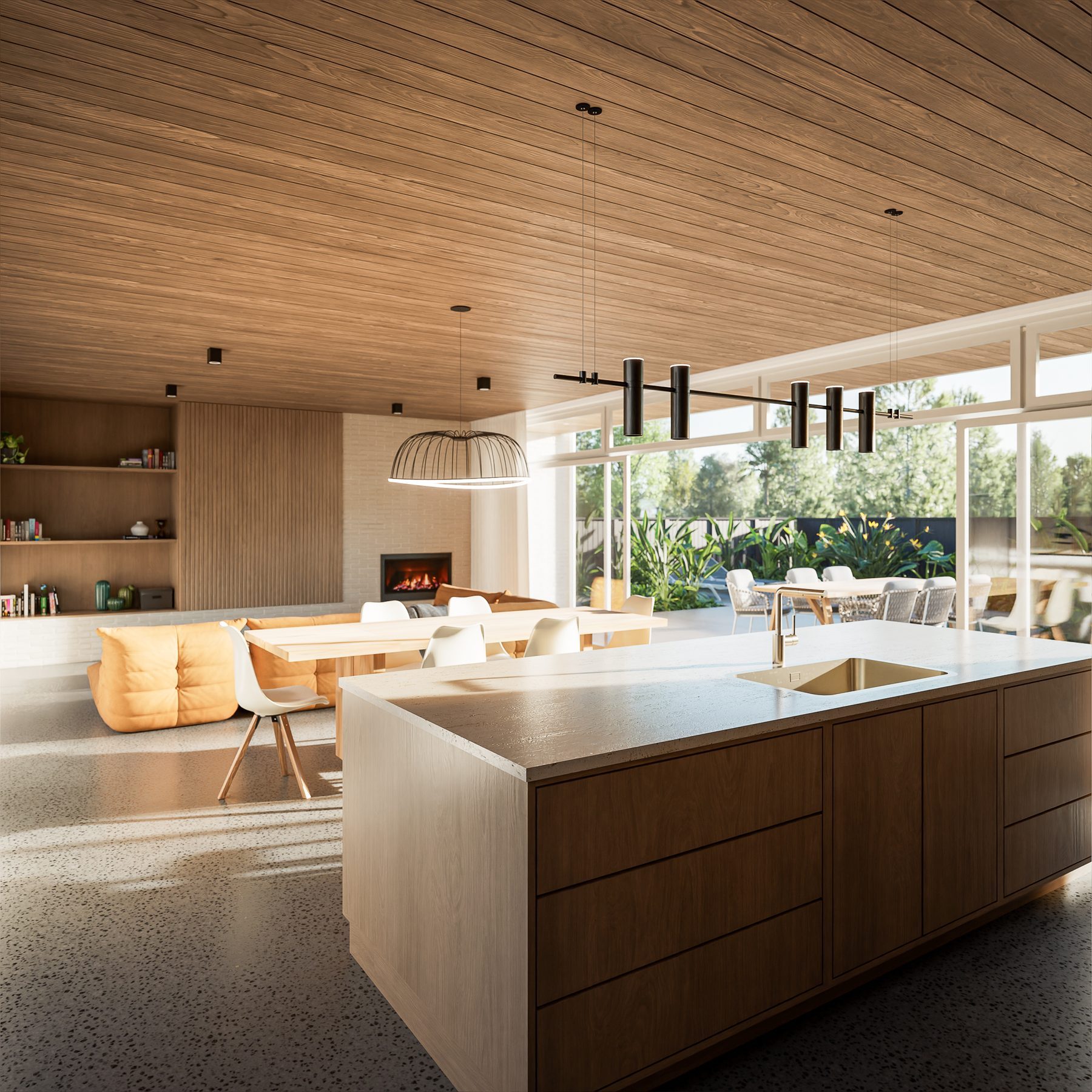 Interior render: kitchen and living under timber.