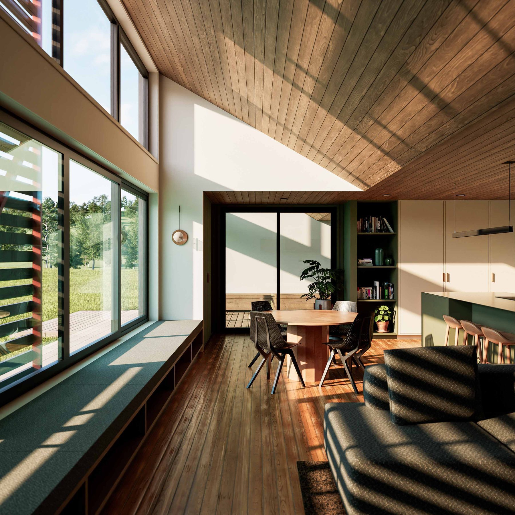Interior render: living opening to the deck.