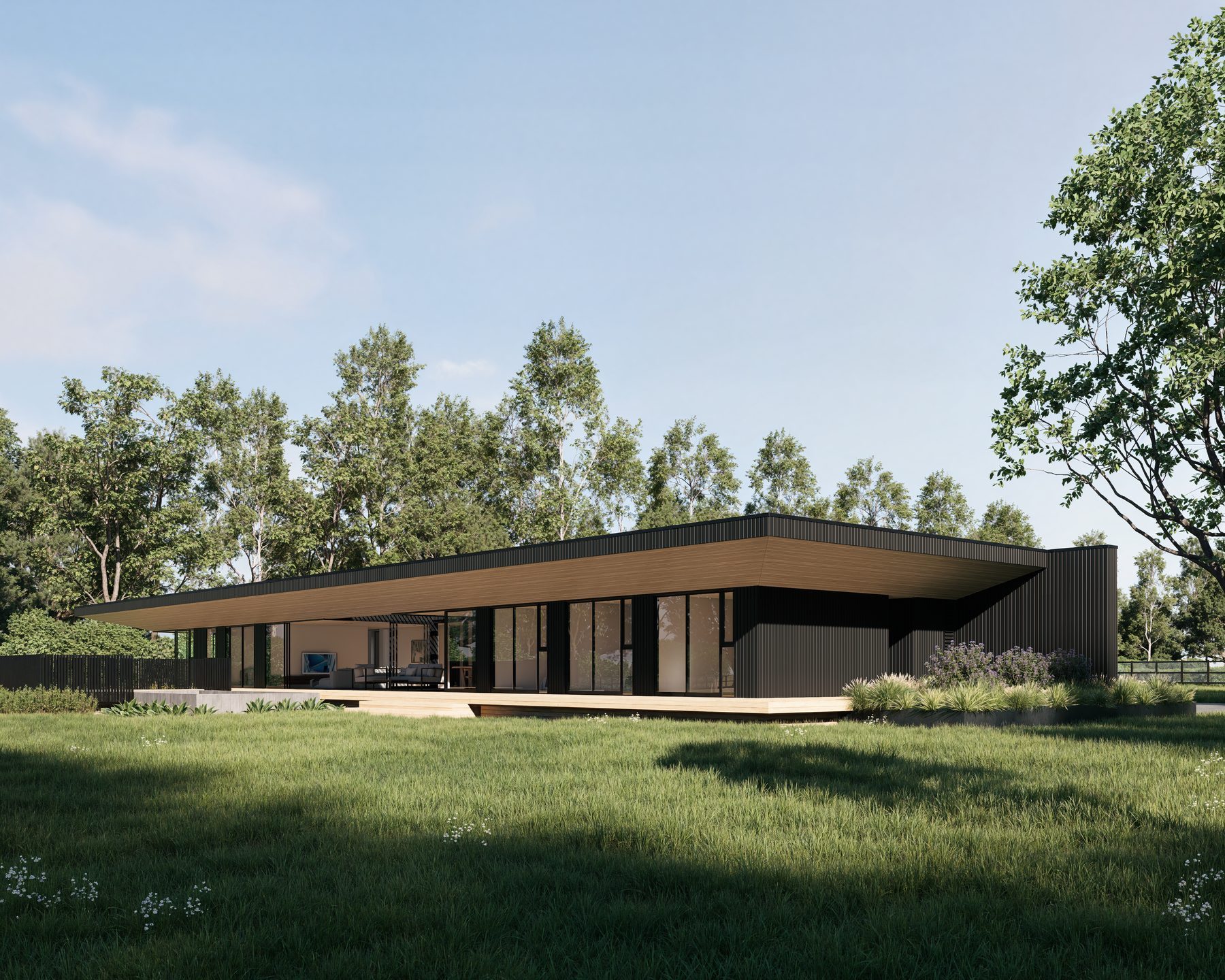 Exterior render: a low dark home in the coastal flats.