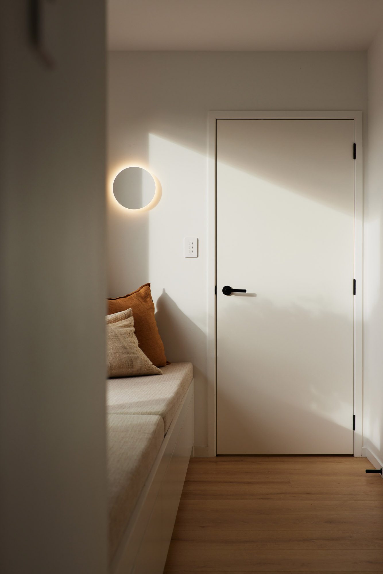Laundry window seat with soft morning light